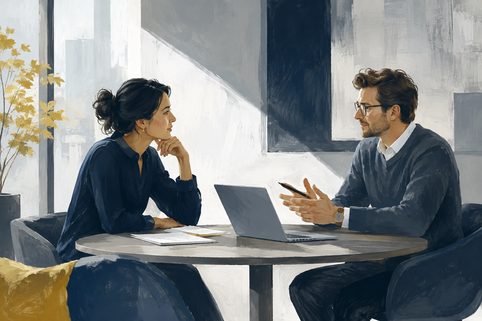 Editorial illustration of two colleagues discussing contract terms across a table, with a laptop and a few papers beside them.